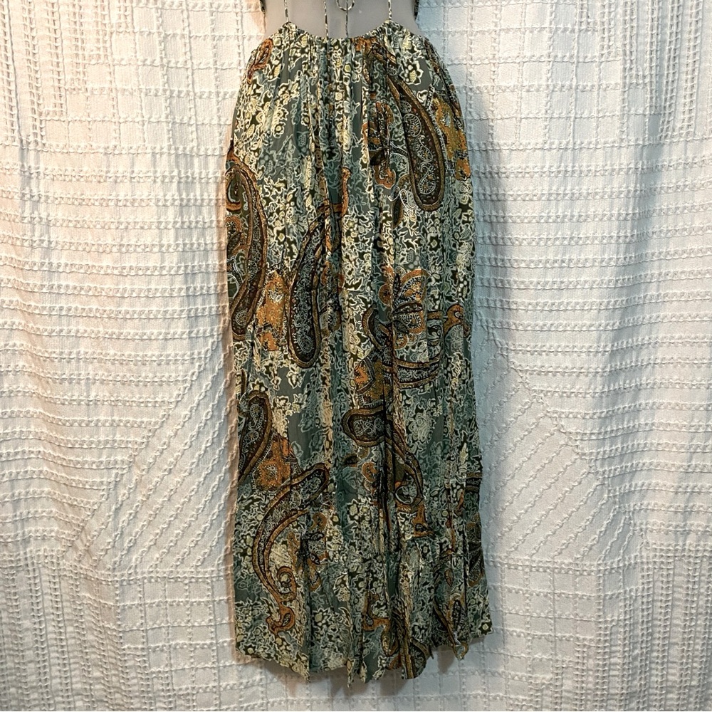 NWOT Zara Green and Gold Paisley Print Cutout Maxi Dress, Size XS - Picture 2 of 5